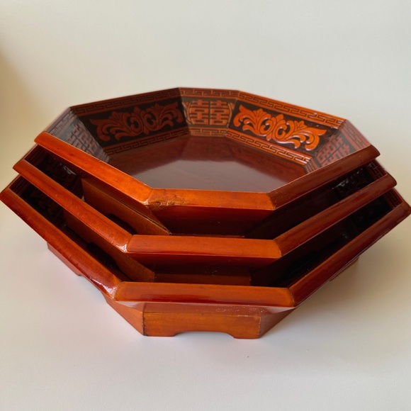 Korean Wooden Lacquer Serving Bowls Set of 3 Octagon Shaped Stackable Vintage - Picture 5 of 9